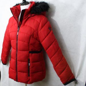 Guess Red Polyester Lined Puffer Coat w/ Faux-Fur Hood SZ M EUC